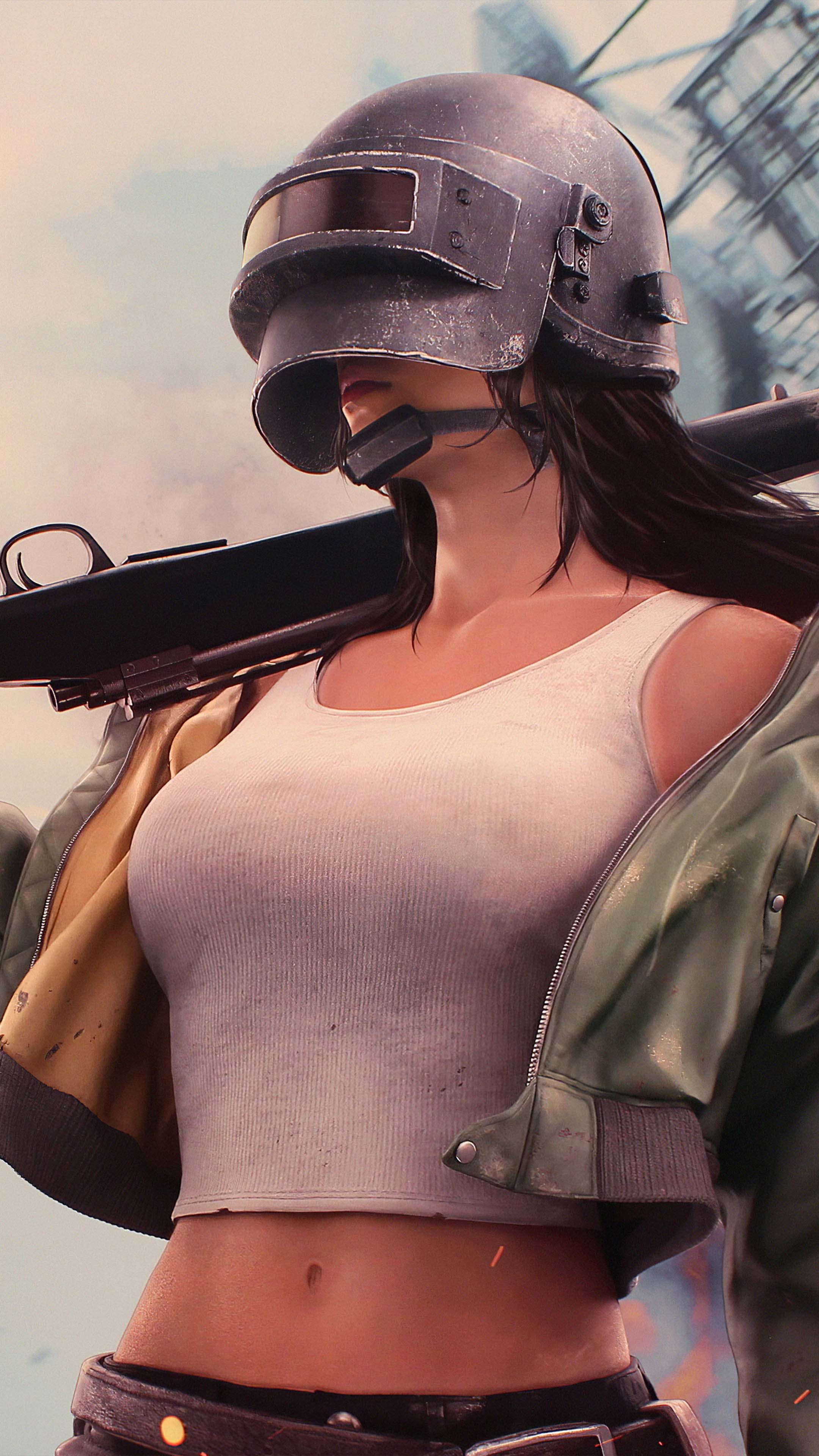 PUBG Girl Level 3 Helmet With Sniper 4K Ultra HD Mobile Wallpaper