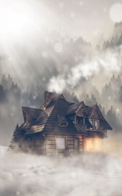 Woods Cabin in Cloudy Mountain Mobile Wallpaper Preview