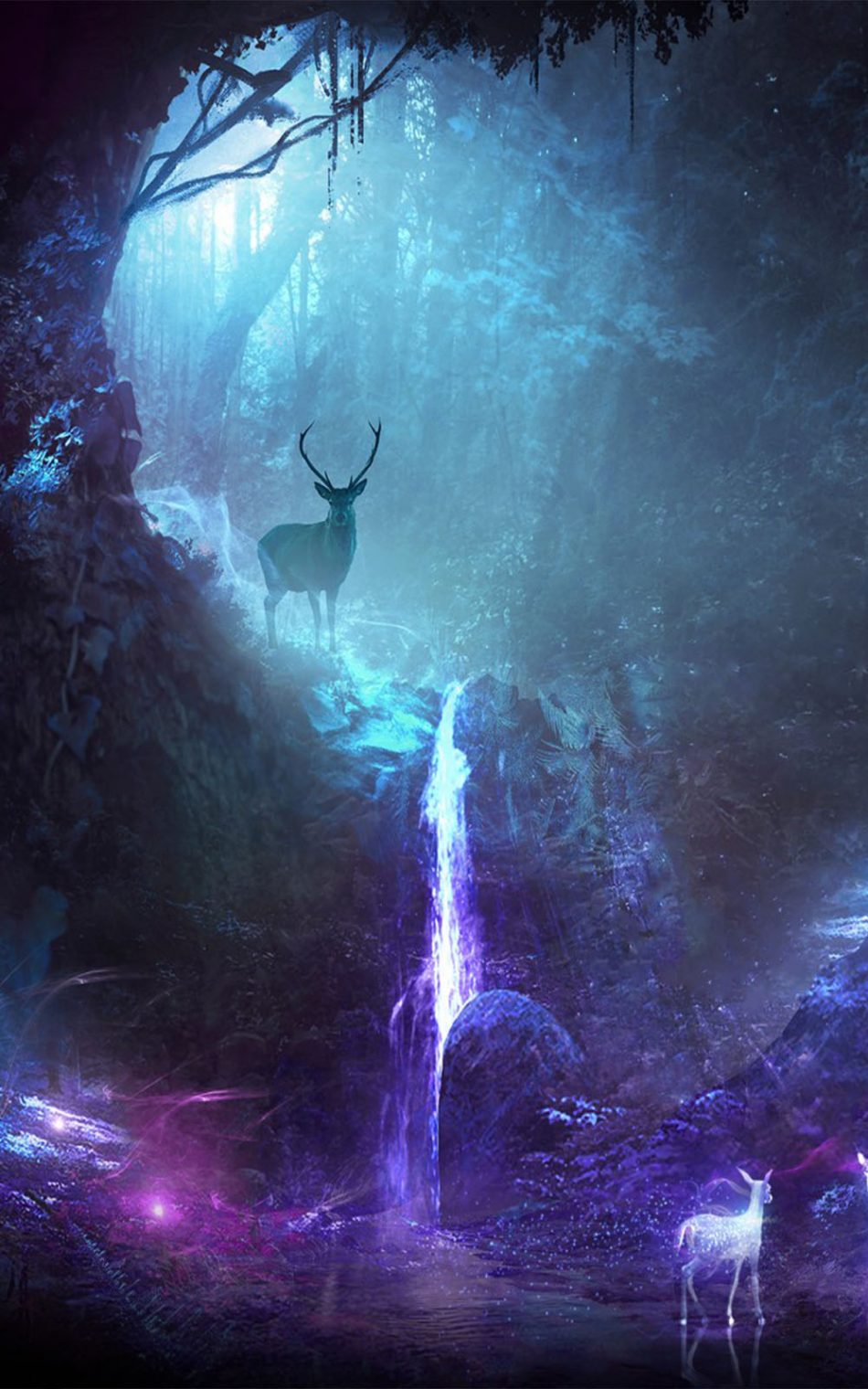 Deers Waterfall Neon CGI HD Mobile Wallpaper