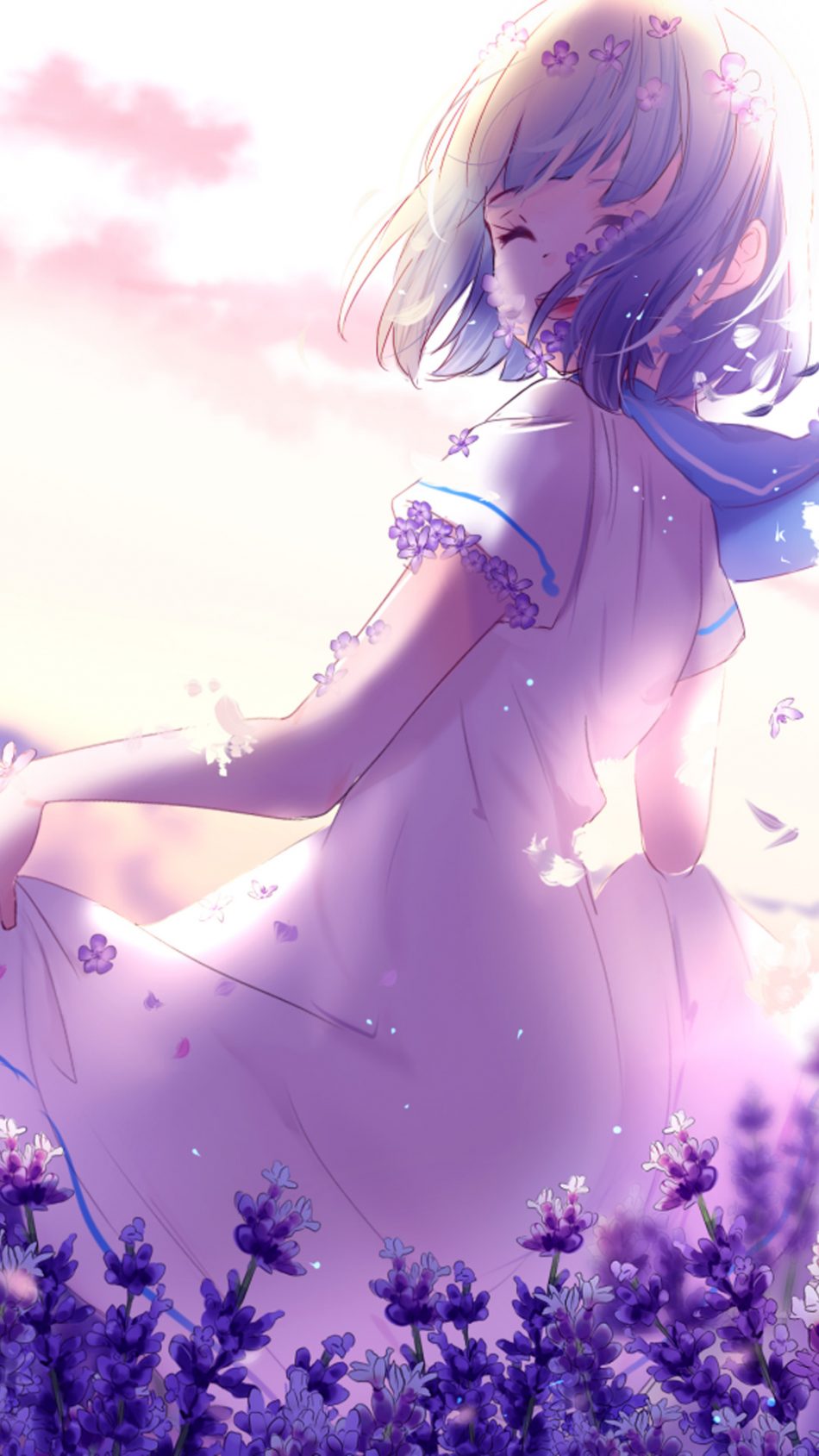 Anime Girl Purple Flowers Spring HD Mobile Wallpaper