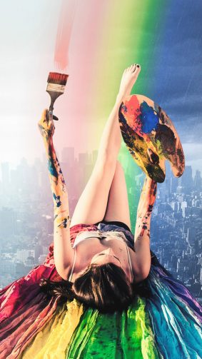 Rainbow Hot Girl Paint Cityscape HD Mobile Wallpaper