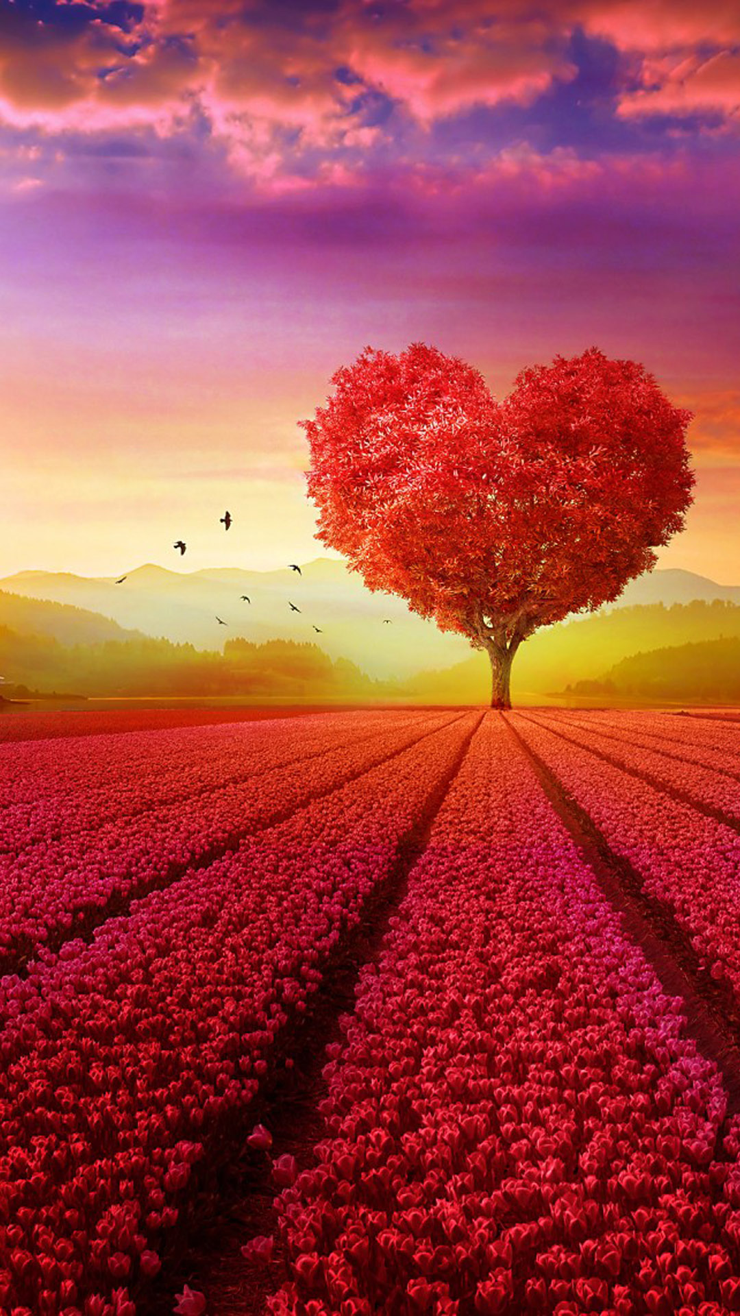 Love Heart Shape Tree Flowers 4K Ultra HD Mobile Wallpaper