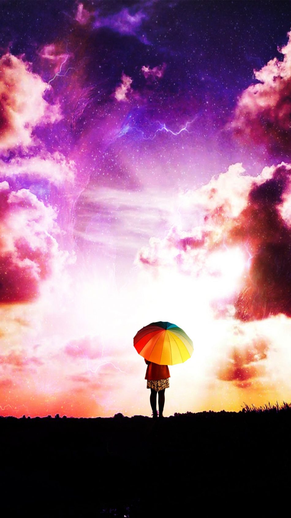 Lone Girl Colorful Umbrella Sunset Clouds 4K Ultra HD Mobile Wallpaper