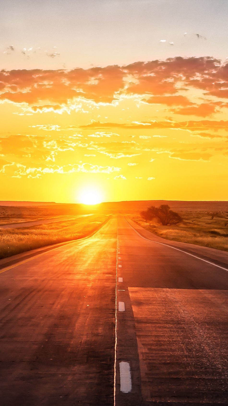 Straight Road Sunset Marking Grass 4K Ultra HD Mobile Wallpaper