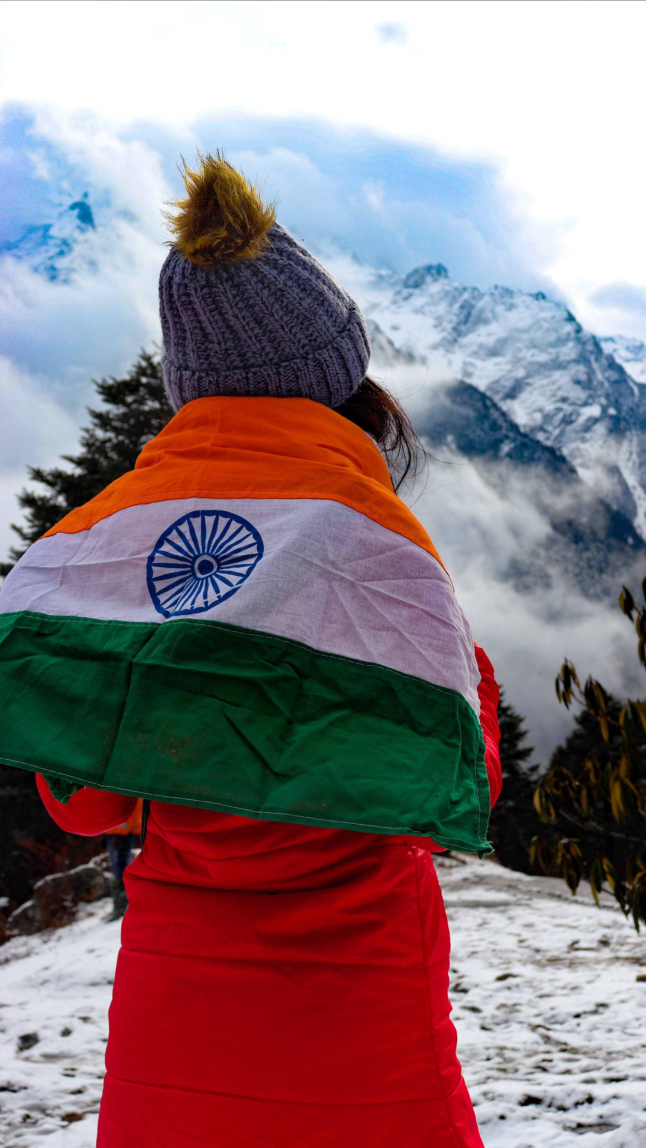 Girl Indian Flag Snow Mountains 4K Ultra HD Mobile Wallpaper