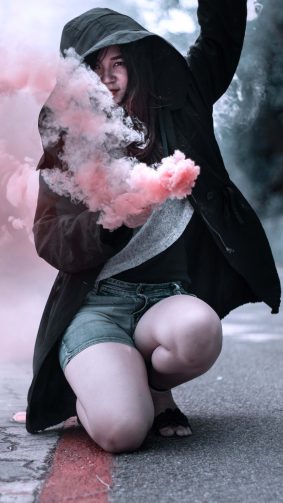 Girl Hoodie Colorful Smoke Bombs Street Portrait 4K Ultra HD Mobile Wallpaper