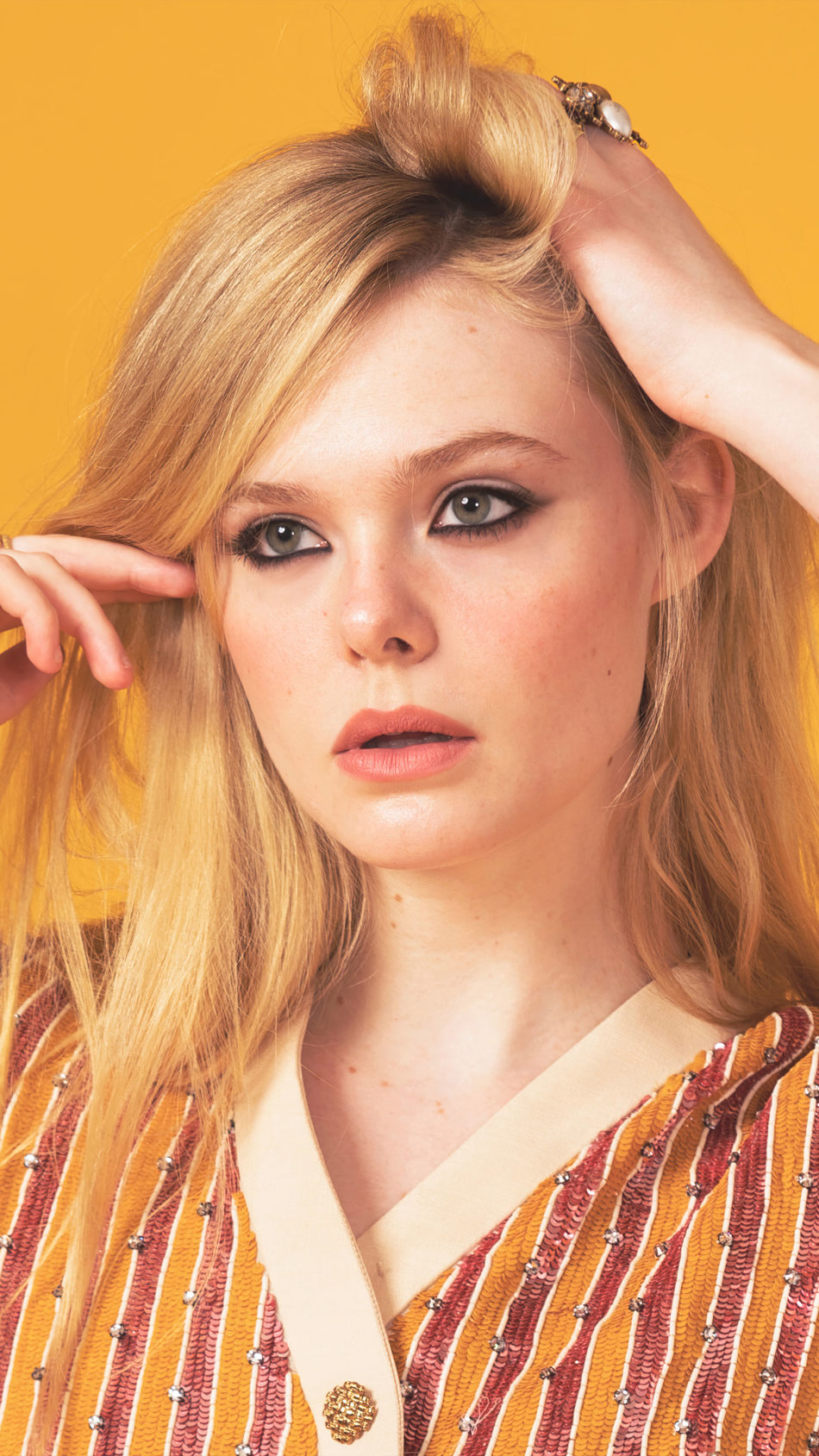 Elle Fanning 2021 Photoshoot Yellow Background 4K Ultra HD Mobile Wallpaper