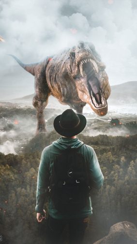 Dinosaur Roaring Man Standing 4K Ultra HD Mobile Wallpaper
