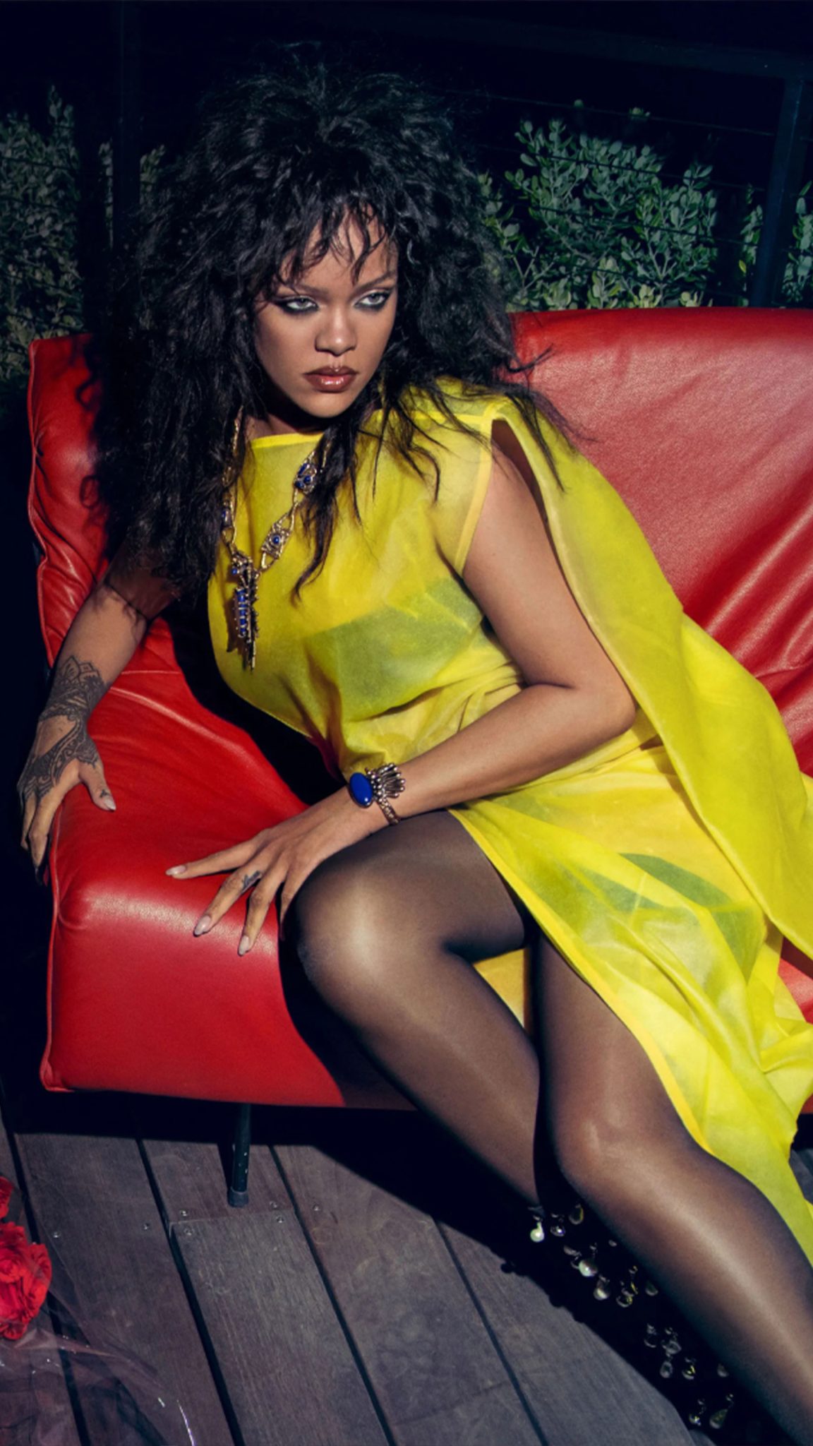 Rihanna in yellow dress 2023 photoshoot dark background 4k ultra hd