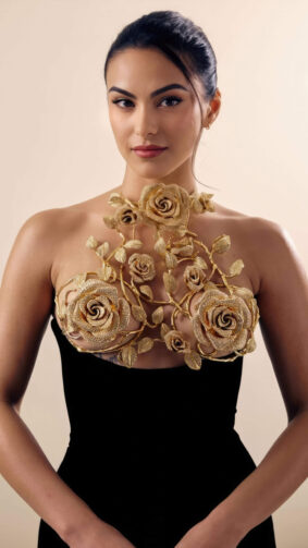 Camila Mendes In Floral Black Dress 4K Ultra HD Mobile Wallpaper