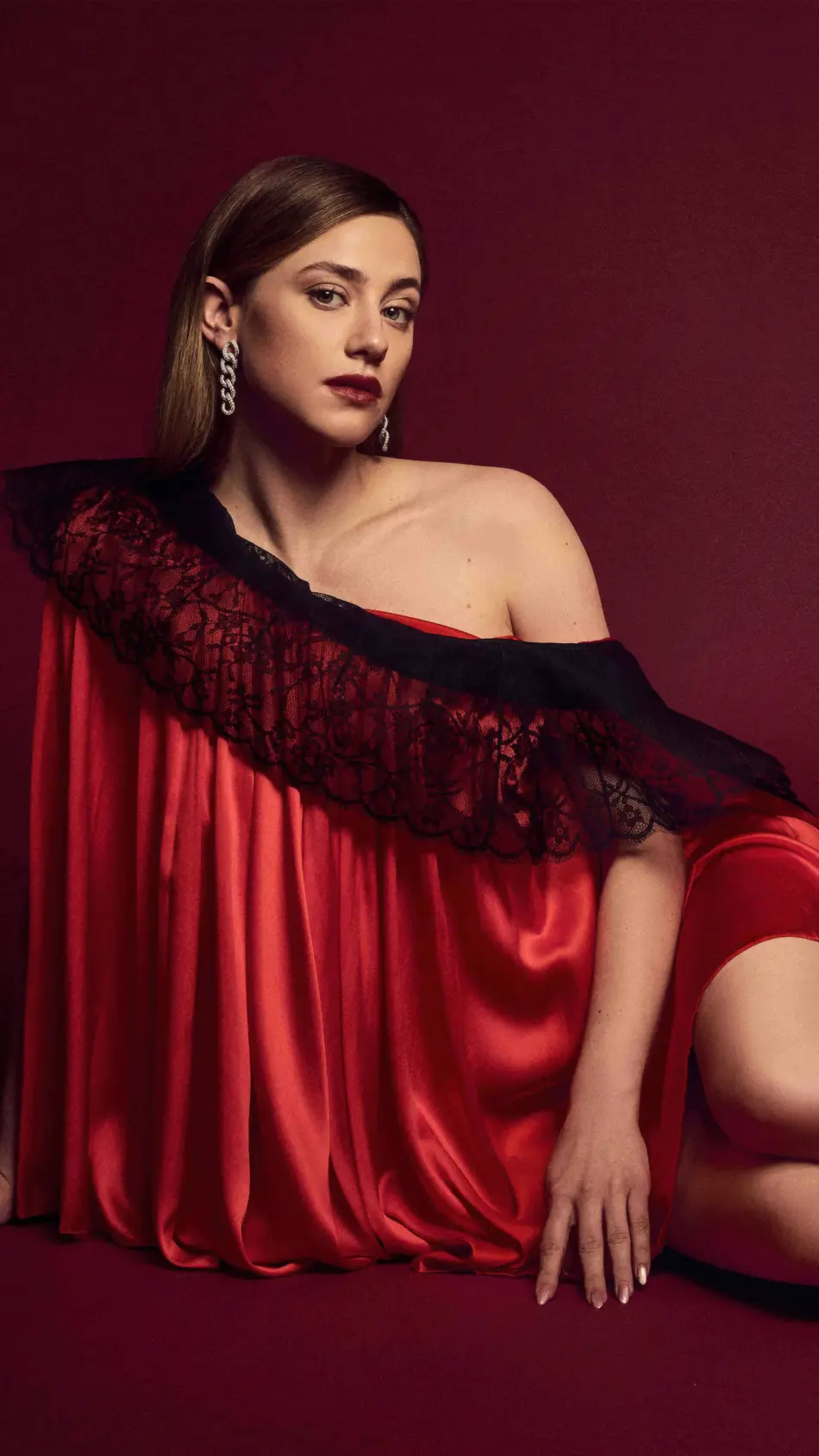 Lili Reinhart In Beautiful Red Dress Red Background 2026 Photoshoot 4K Ultra HD Mobile Wallpaper